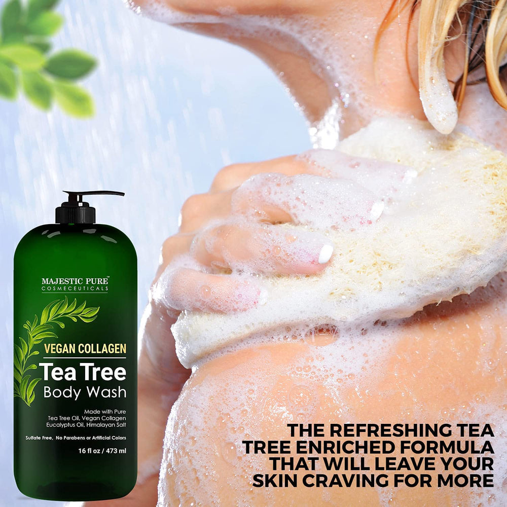 Majestic Pure Tea Tree Body Wash embossed packaging emphasizing cruelty-free formulation.
