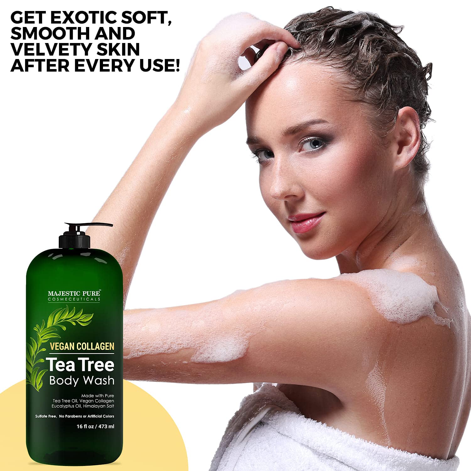 Majestic Pure Tea Tree Body Wash foamy lather ready for refreshing shower.