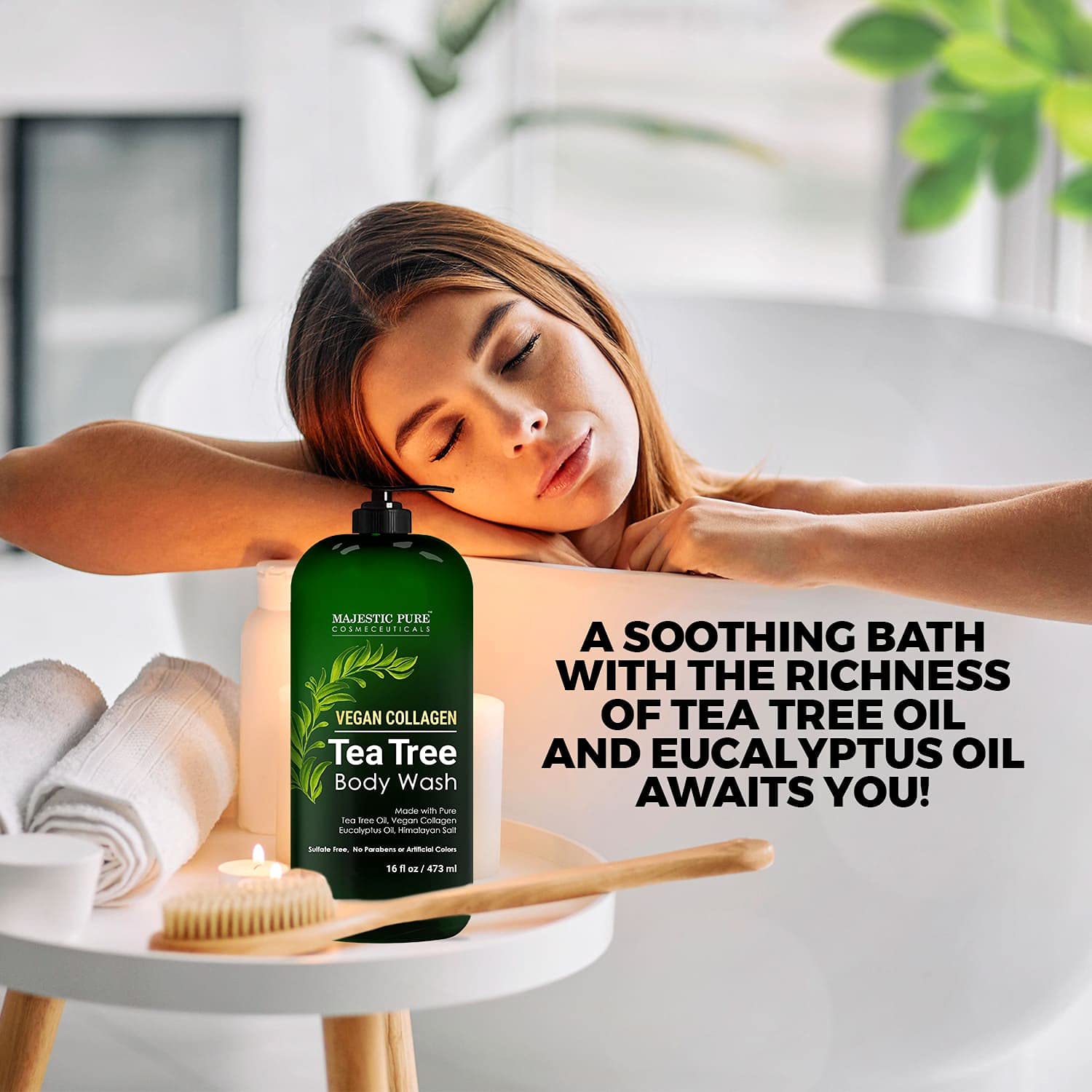 Majestic Pure Tea Tree Body Wash natural botanicals closeup shows active ingredients.