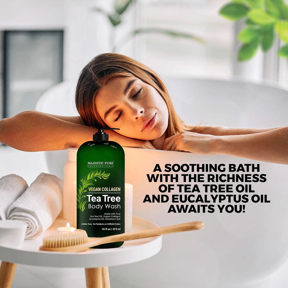 Majestic Pure Tea Tree Body Wash natural botanicals closeup shows active ingredients.