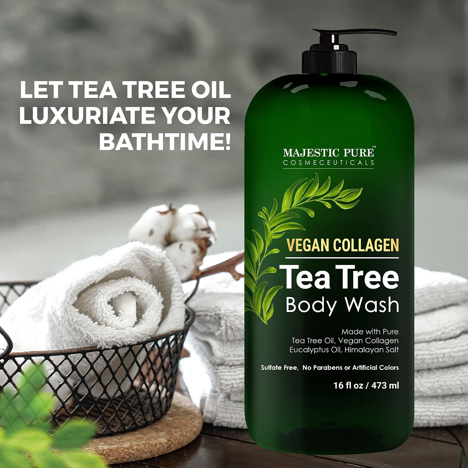 Majestic Pure Tea Tree Body Wash tea tree oil closeup highlights natural ingredients.