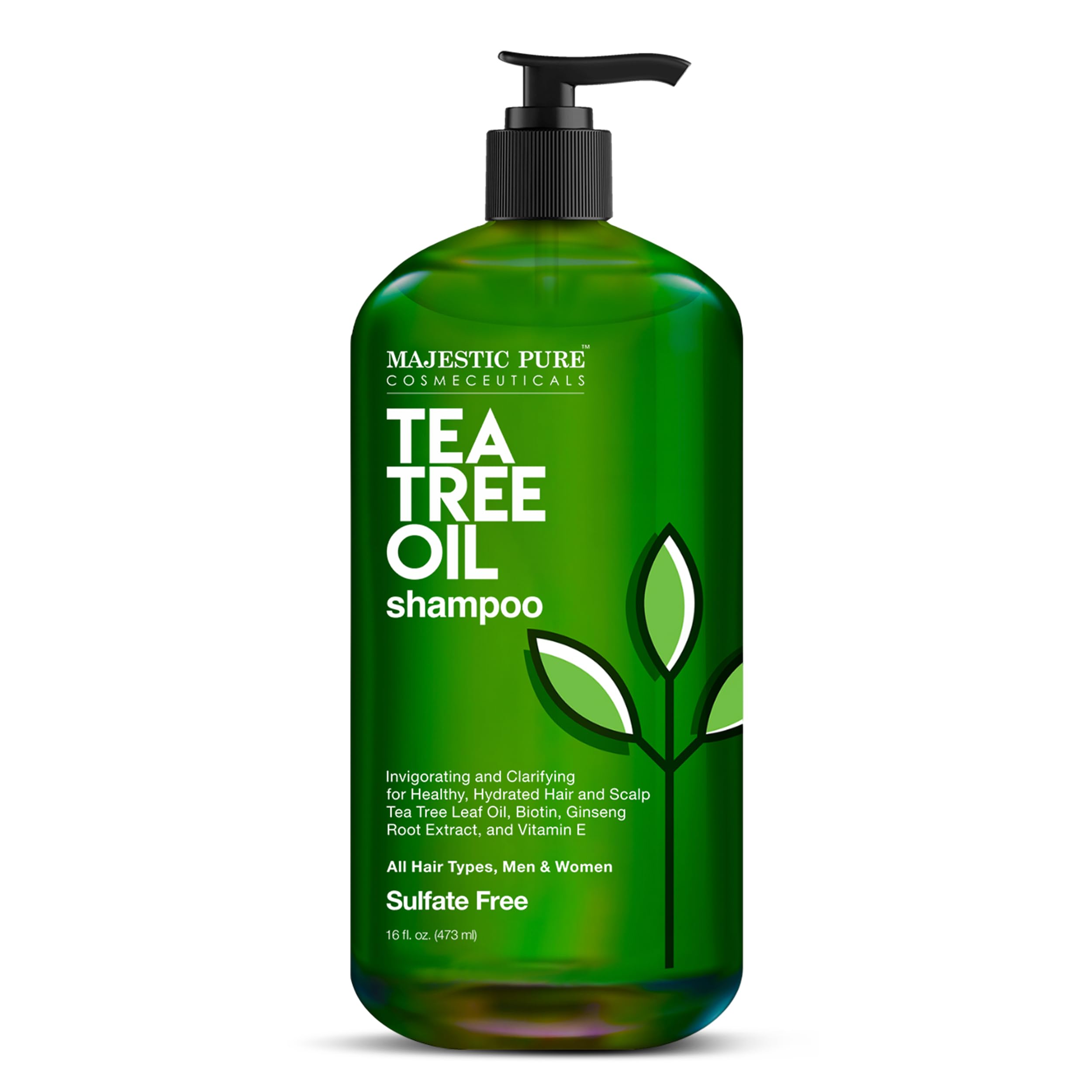 Majestic Pure Tea Tree Shampoo bottle front view with sulfate-free formula for all hair types.