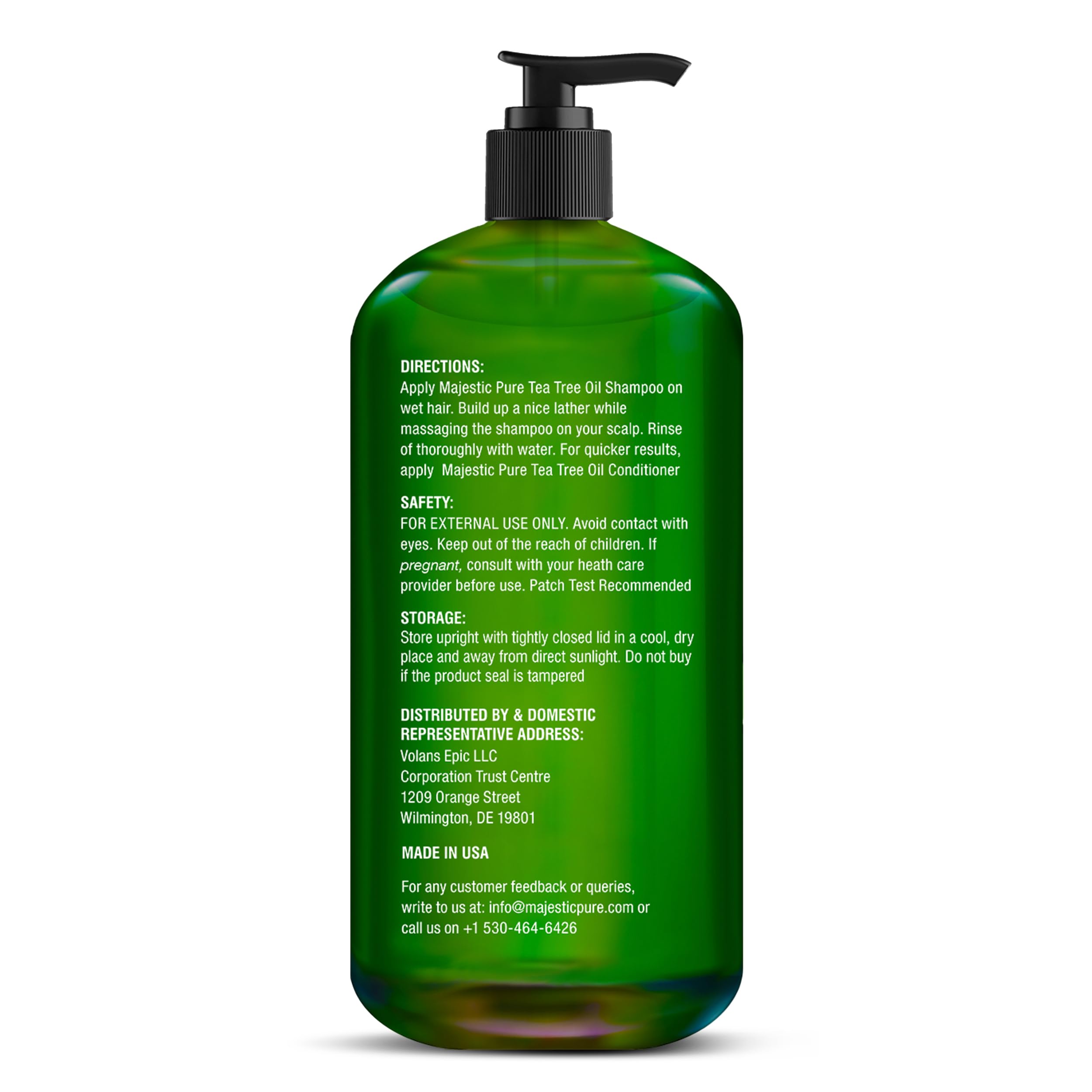 Majestic Pure Tea Tree Shampoo ingredients closeup featuring natural tea tree oil.