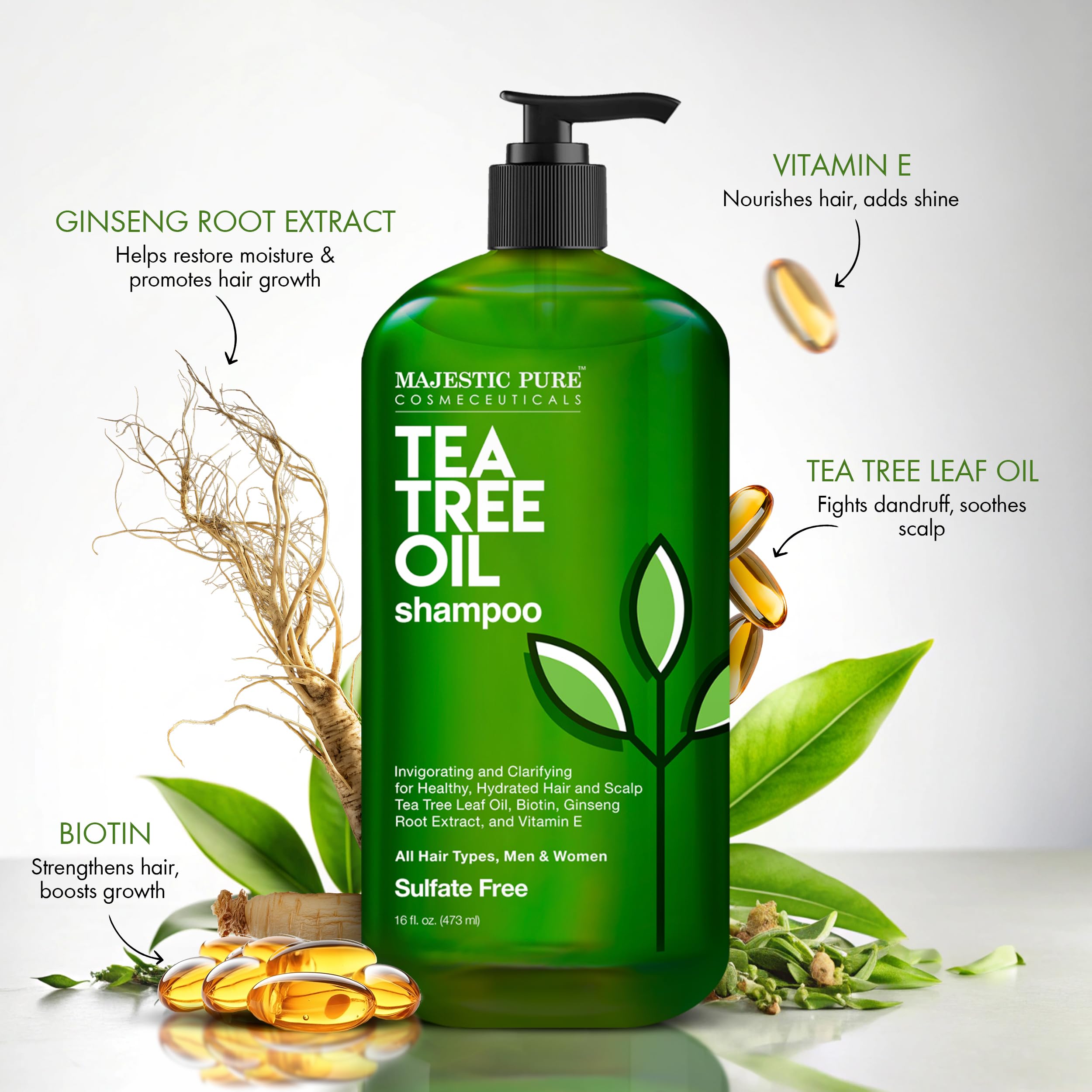 Majestic Pure Tea Tree Shampoo label closeup highlighting pure oil for cleansing.
