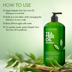 Majestic Pure Tea Tree Shampoo pour shot suggesting easy daily use.
