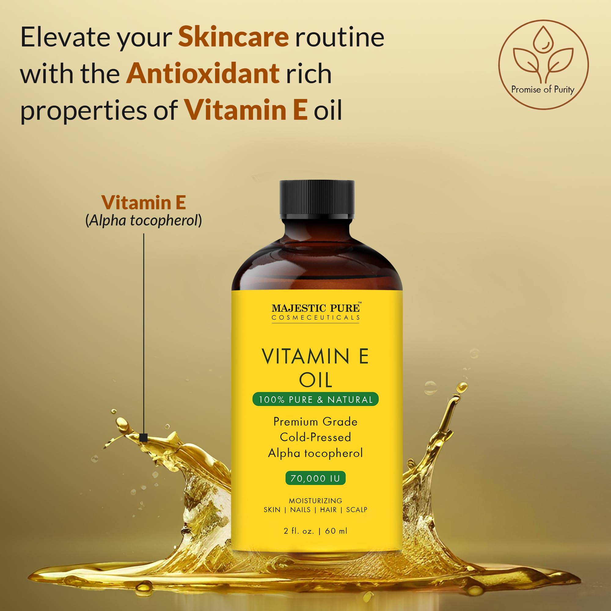 Close-up of Majestic Pure Vitamin E Oil cap ready to pour.