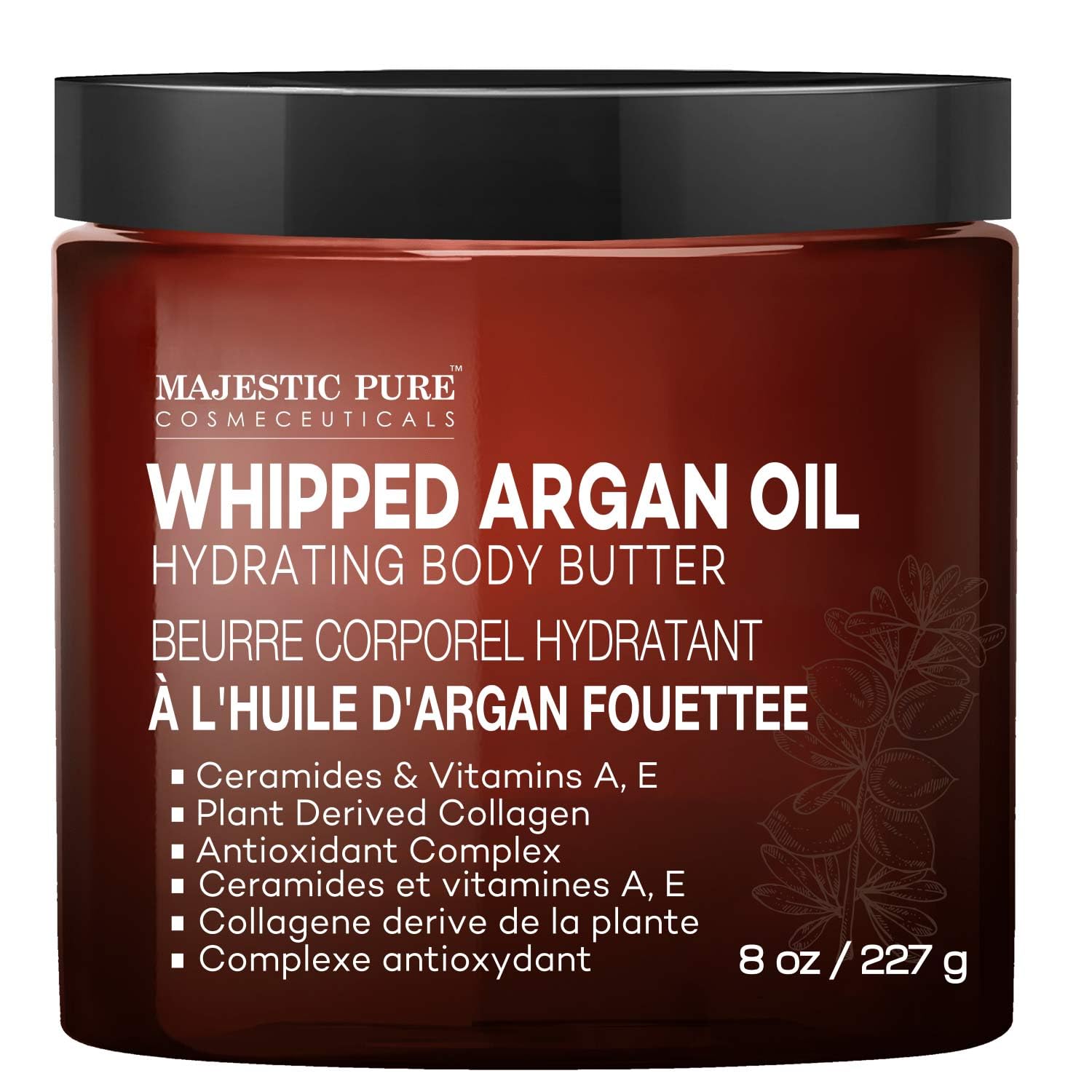 Majestic Pure Whipped Argan Oil Body Butter jar close-up shows rich, hydrating texture.