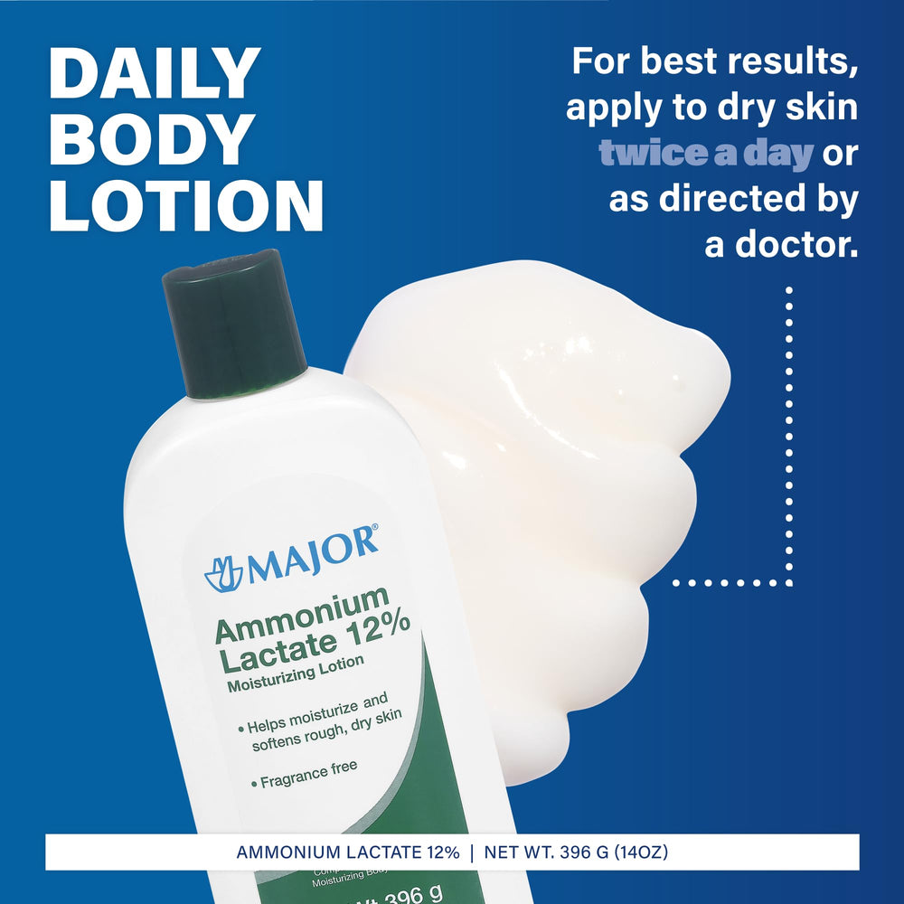 MAJOR Ammonium Lactate 12% lotion label closeup highlights soothing ingredients