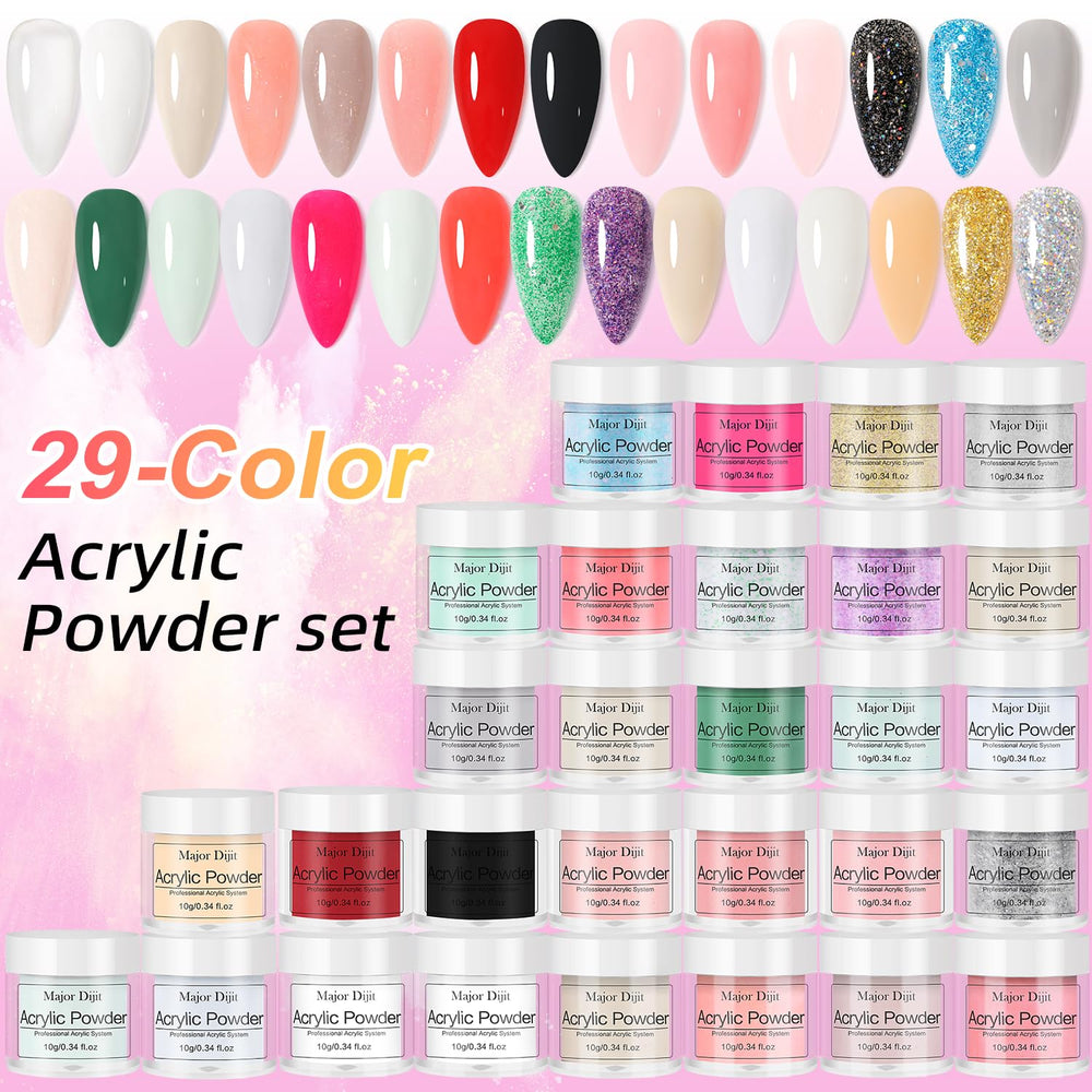 Major Dijit 29-color acrylic powder set on a smooth surface.