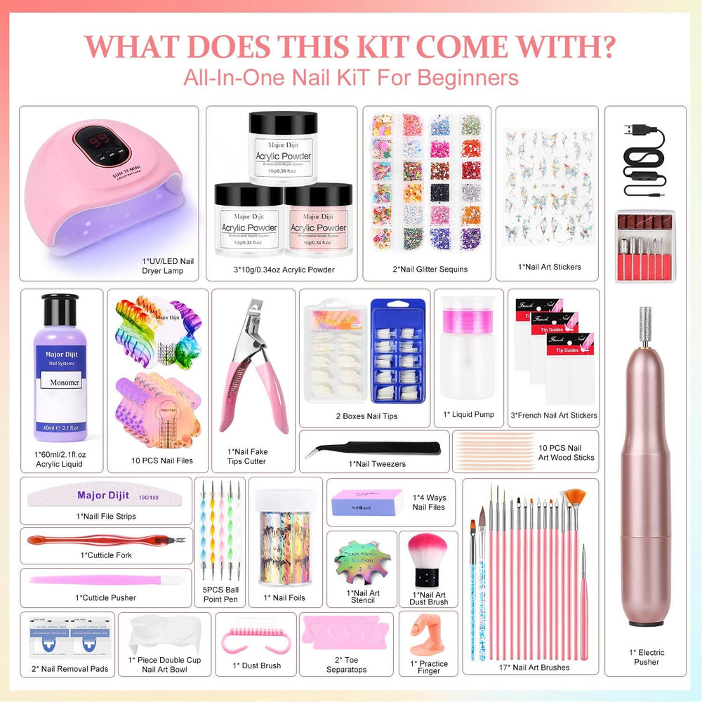 Major Dijit acrylic nail kit lamp and tools shown for professional feel at home