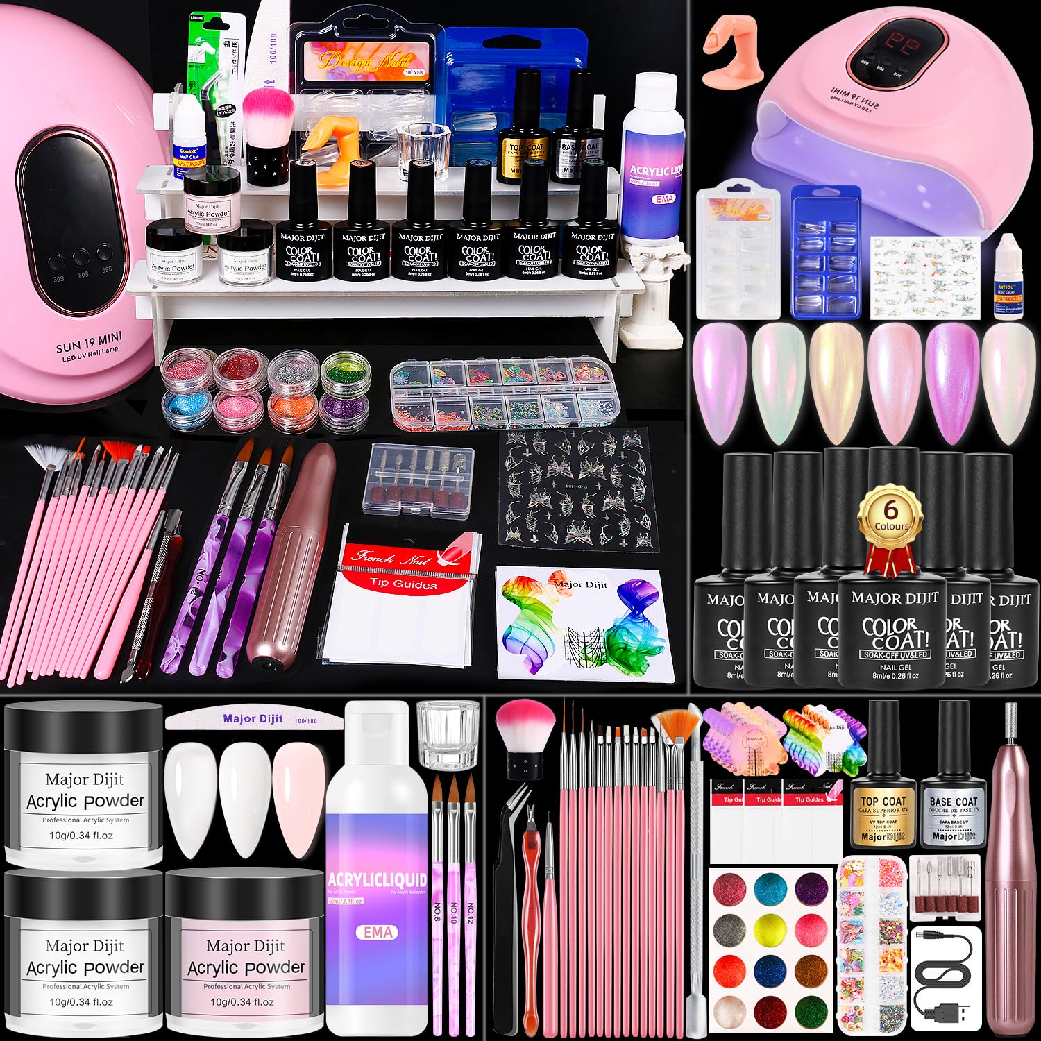 Major Dijit acrylic nail kit starter set with white pink and clear powders for at-home manicures