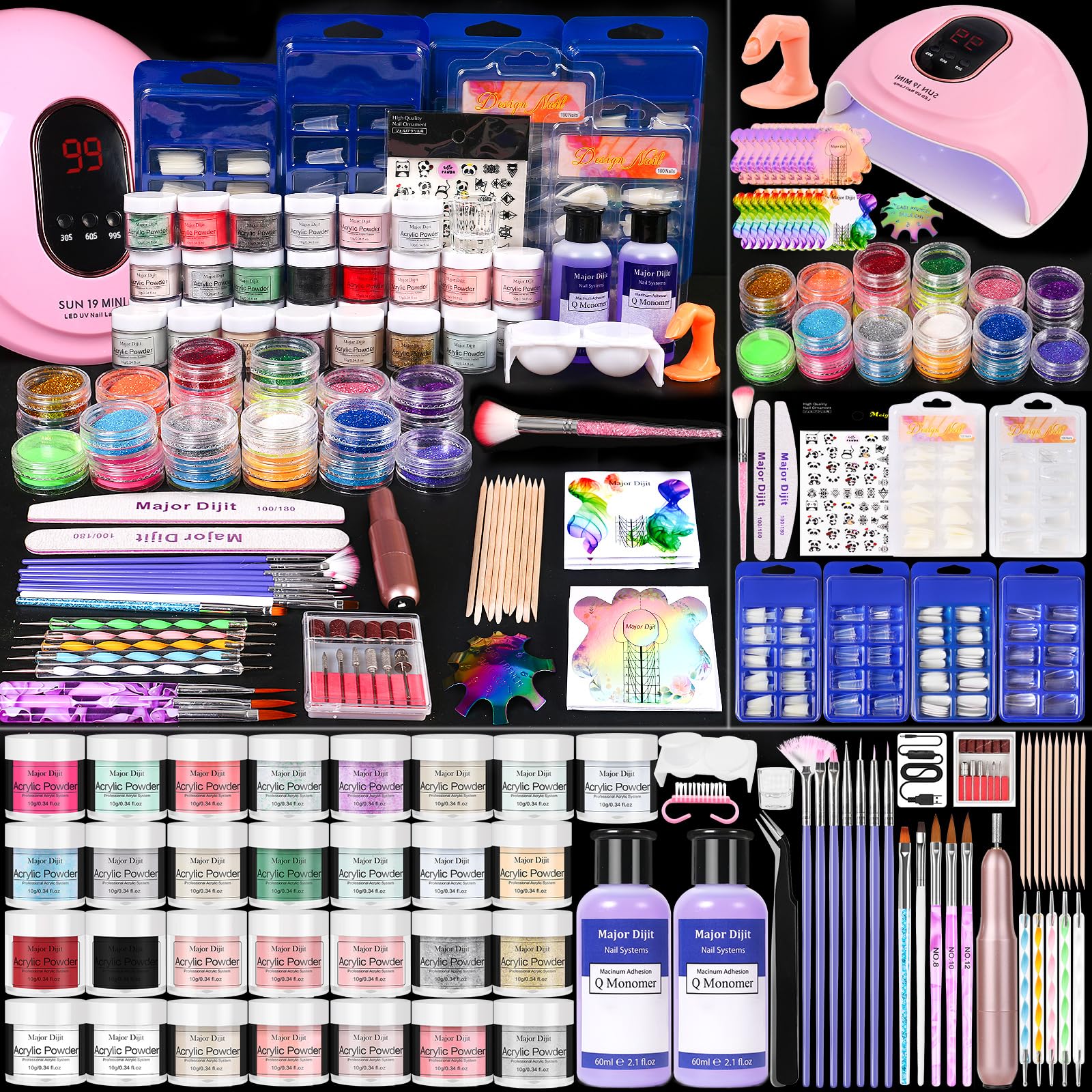 Major Dijit acrylic nails kit with 36W UV lamp for home curing.