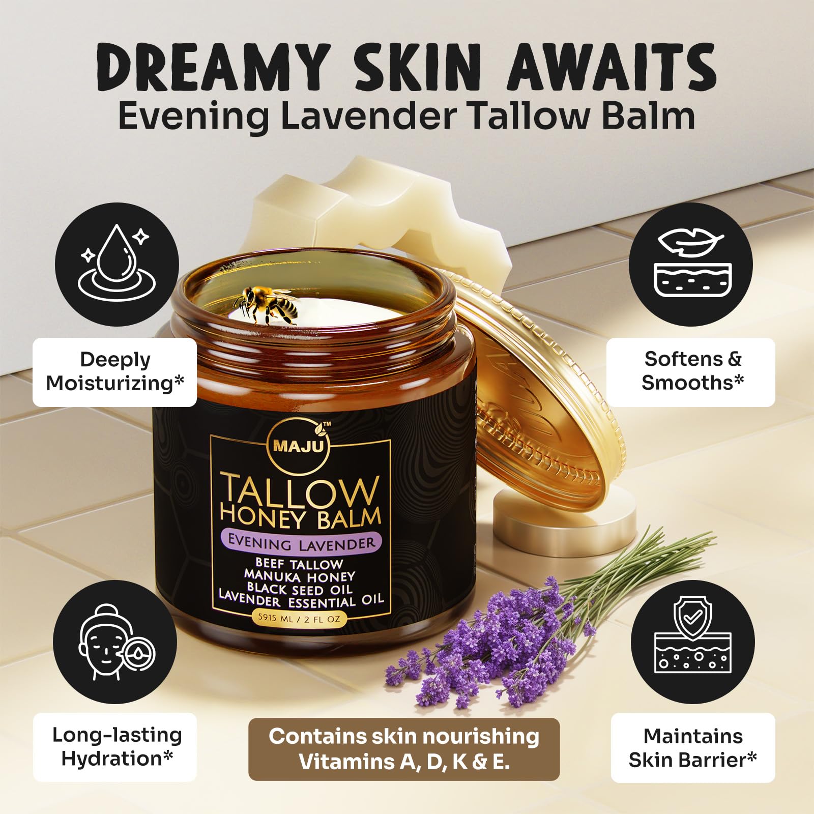 MAJU balm with black seed oil bottle highlights skin nourishment