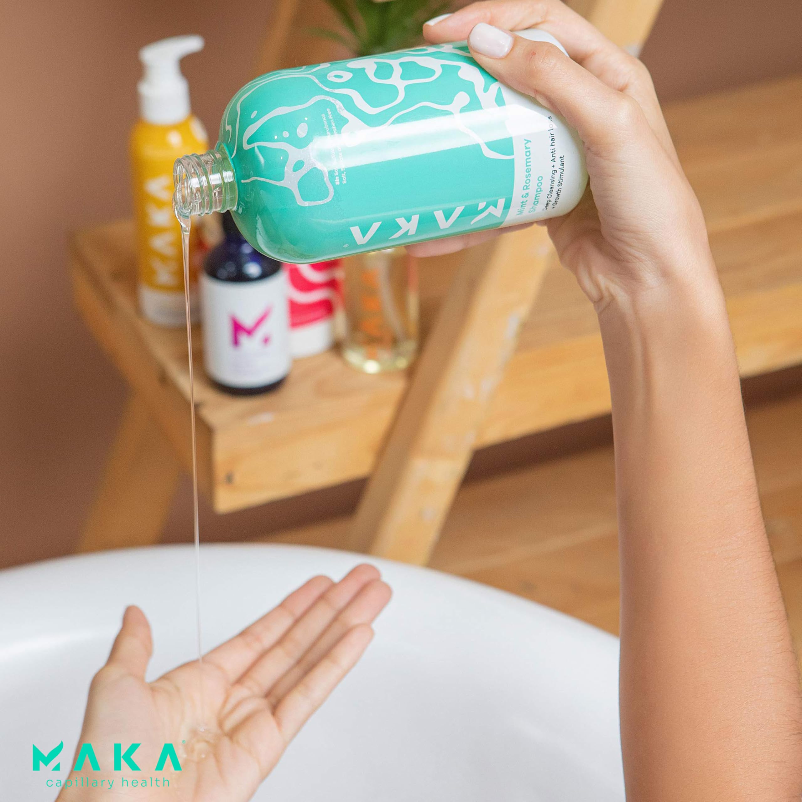 Maka Capilar Health daily-use routine shown with clean bathroom setup