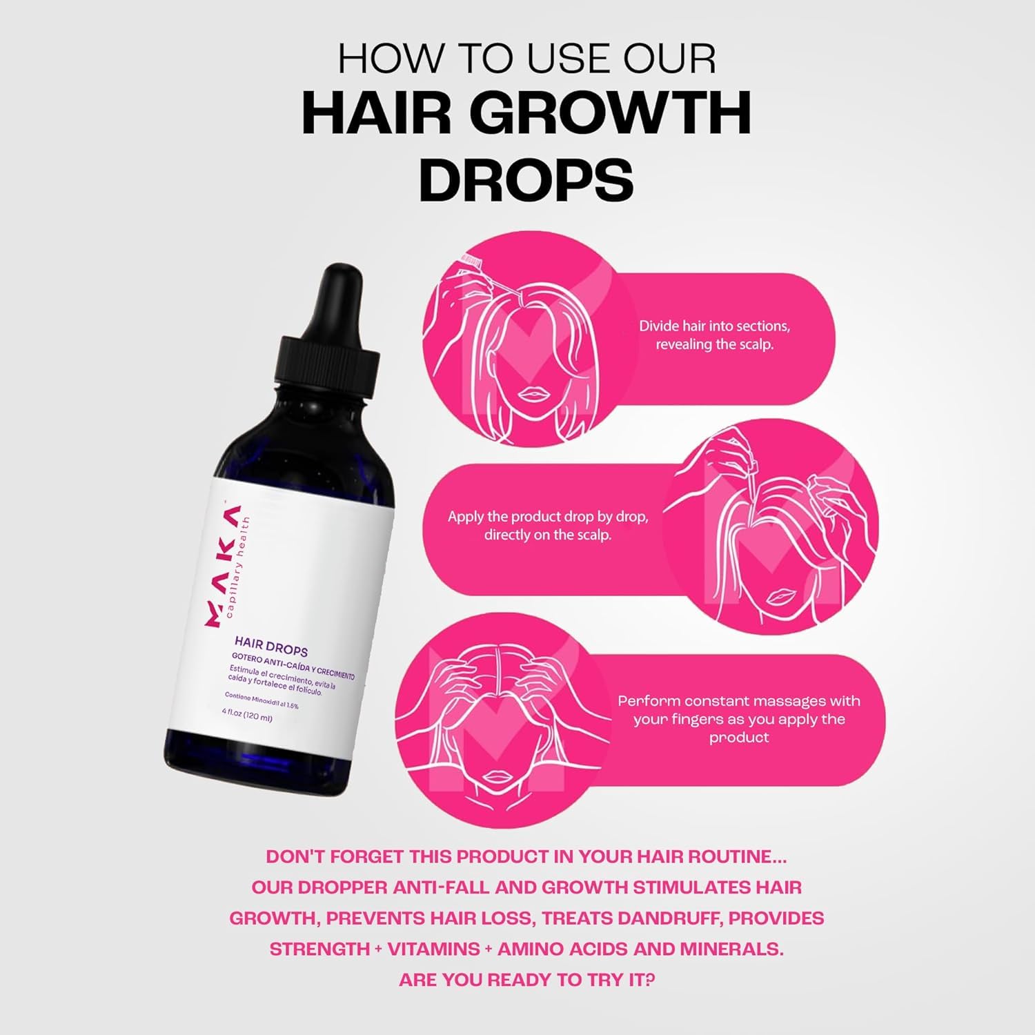 Maka Capilar Health drops applied to the scalp during a gentle massage.