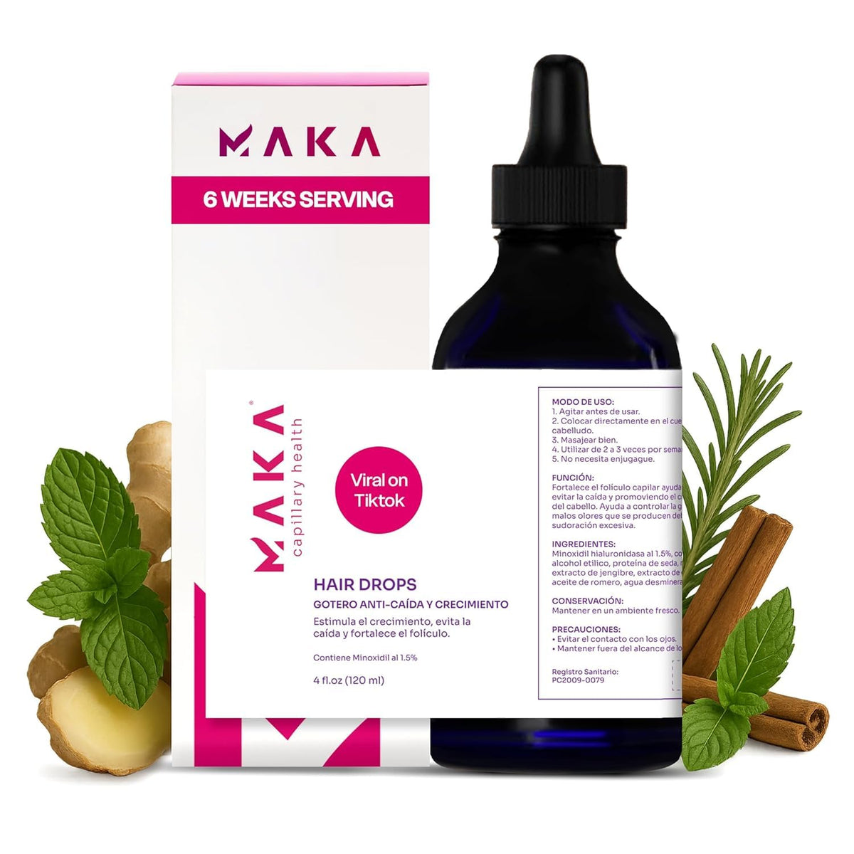 Maka Capilar Health drops on the scalp for potential regrowth support.