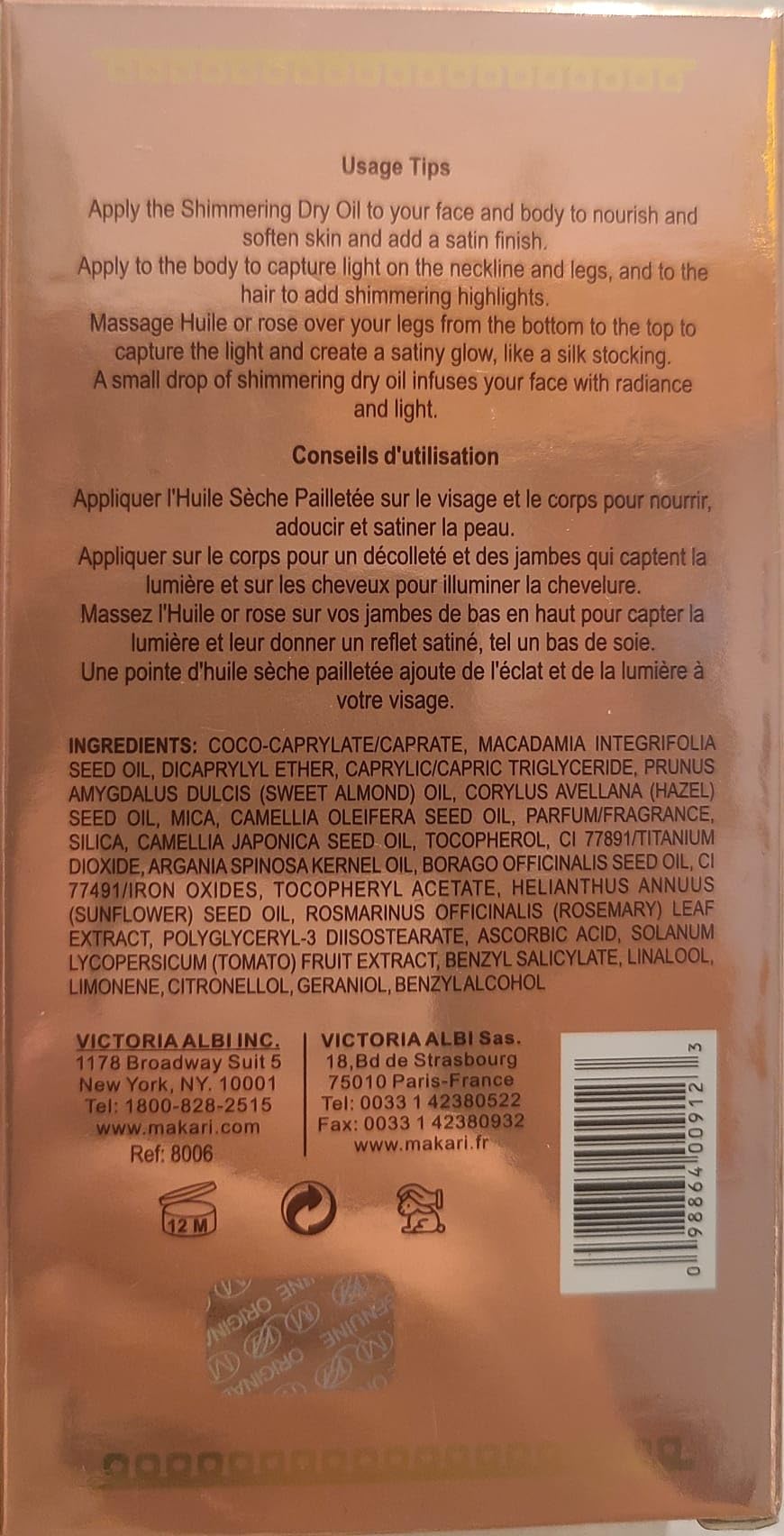 Makari 24K Rose Gold Dry Shimmer Oil on body for luminous glow.