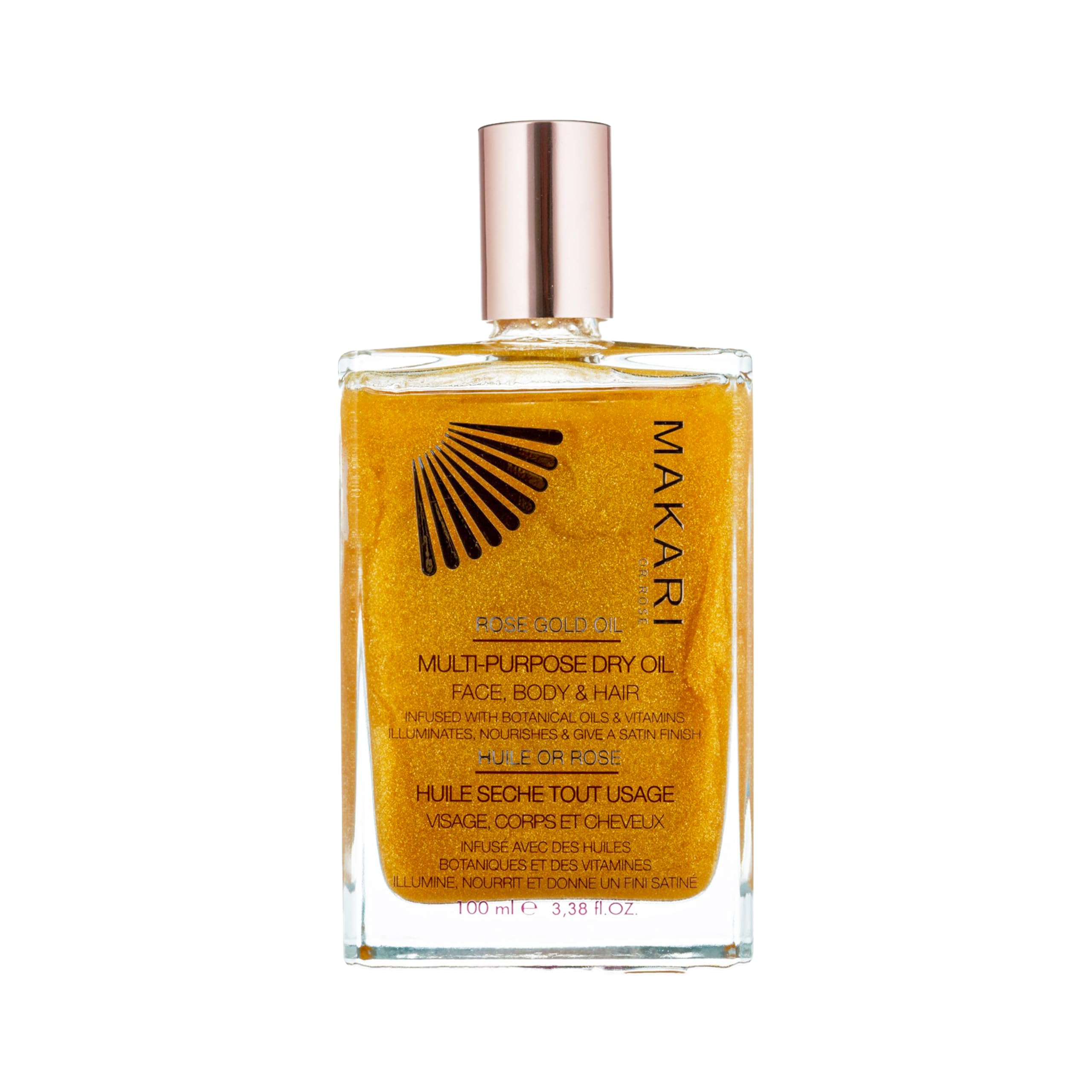 Makari 24K Rose Gold Dry Shimmer Oil bottle for radiant skin glow.