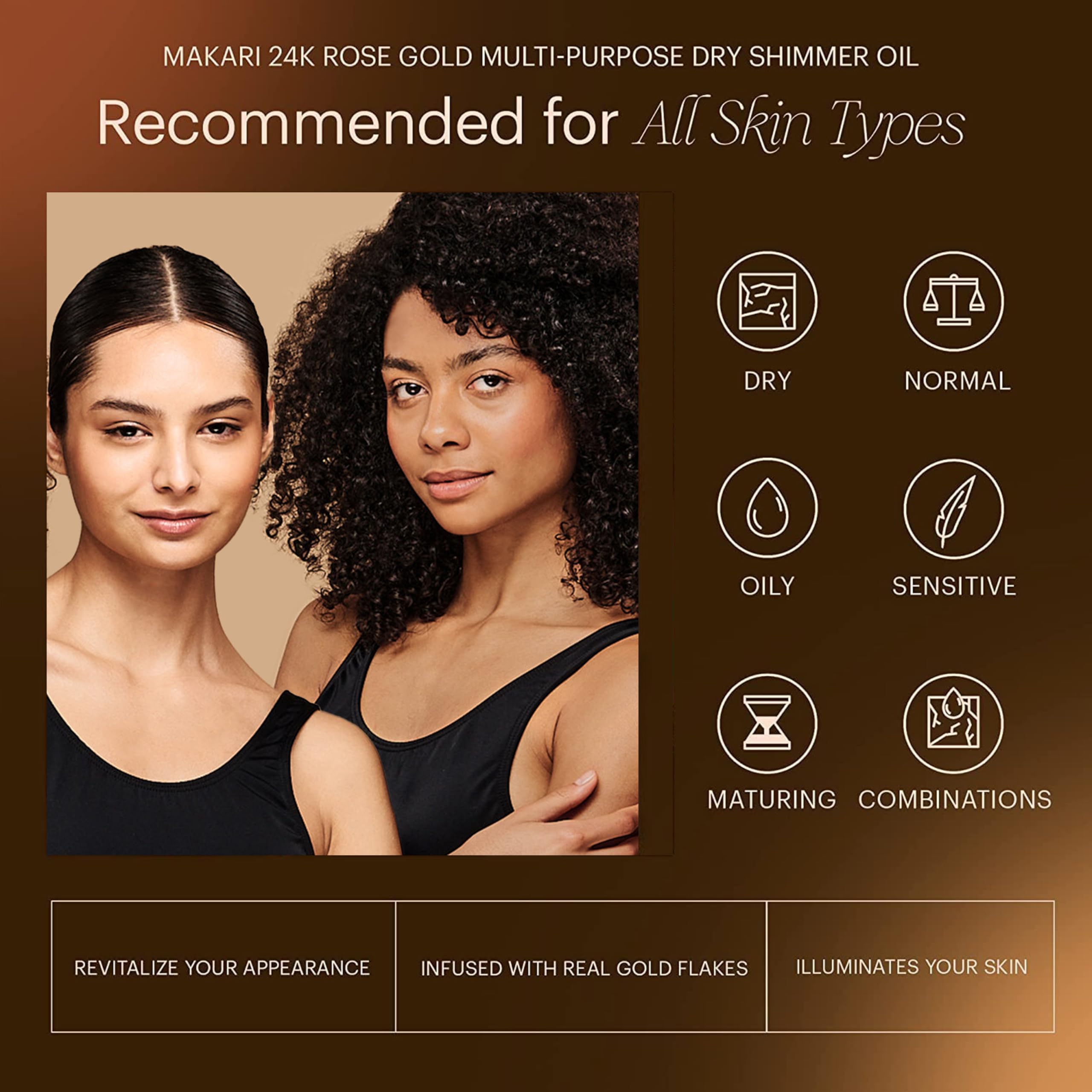 Makari 24K Rose Gold Dry Shimmer Oil on the face for radiant complexion.
