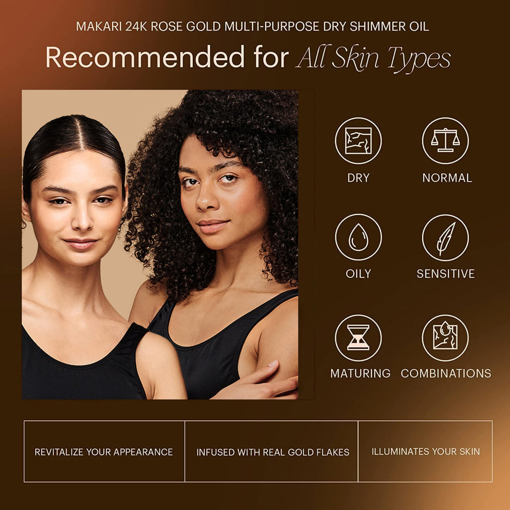 Makari 24K Rose Gold Dry Shimmer Oil on the face for radiant complexion.