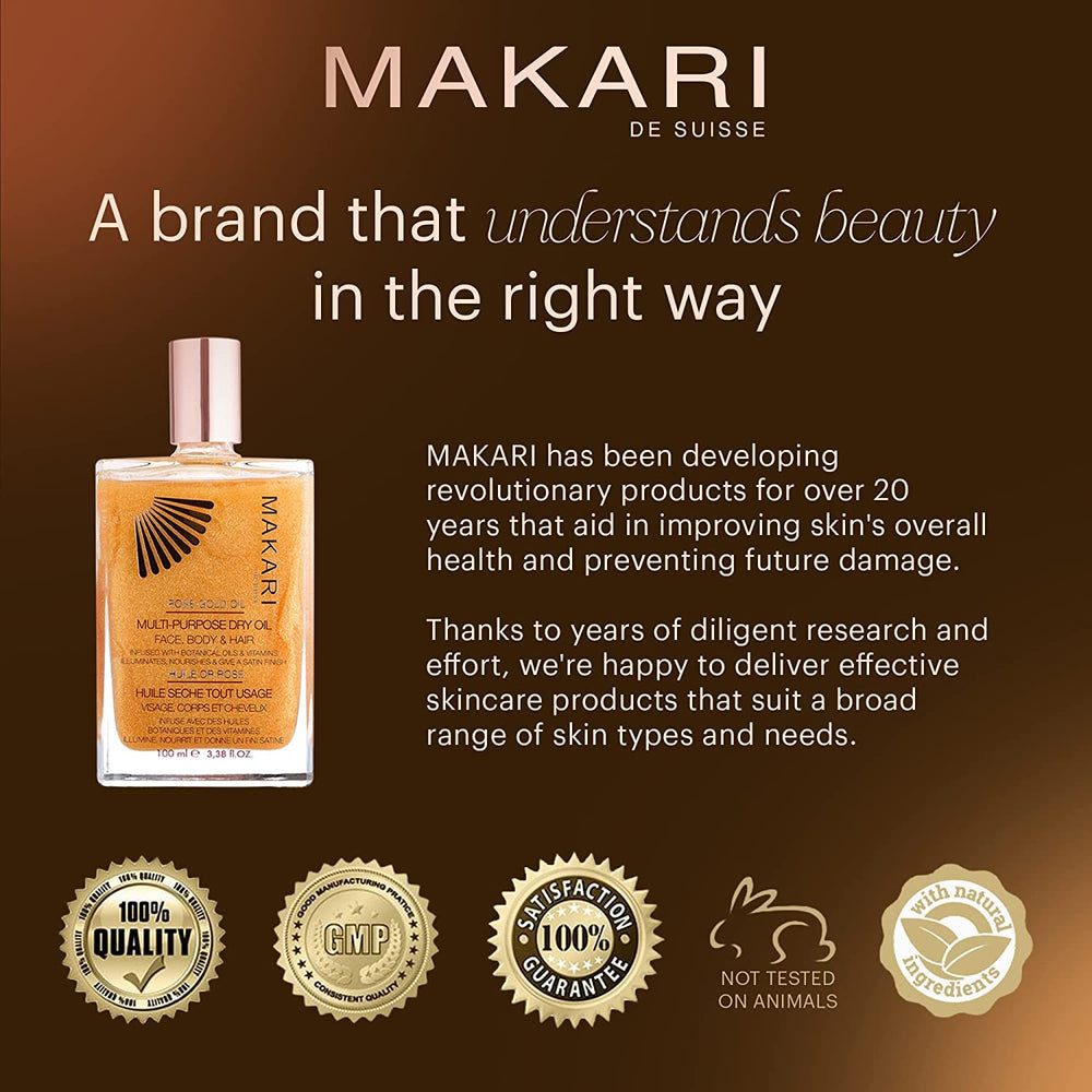 On hair, Makari 24K Rose Gold Dry Shimmer Oil adds softness and shine.