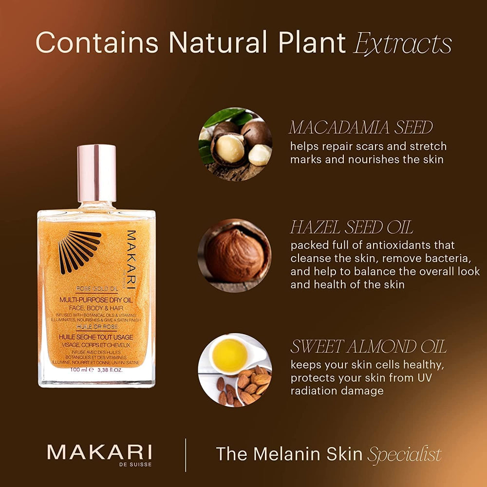 Makari 24K Rose Gold Dry Shimmer Oil applied to skin for subtle glow.