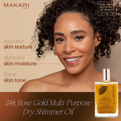 Pouring Makari 24K Rose Gold Dry Shimmer Oil to create a luminous finish.