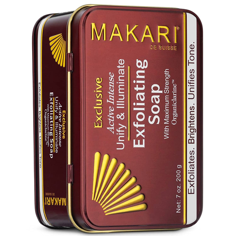MAKARI Exclusive Exfoliating Soap packaging shows detoxifying cleansing for radiant skin