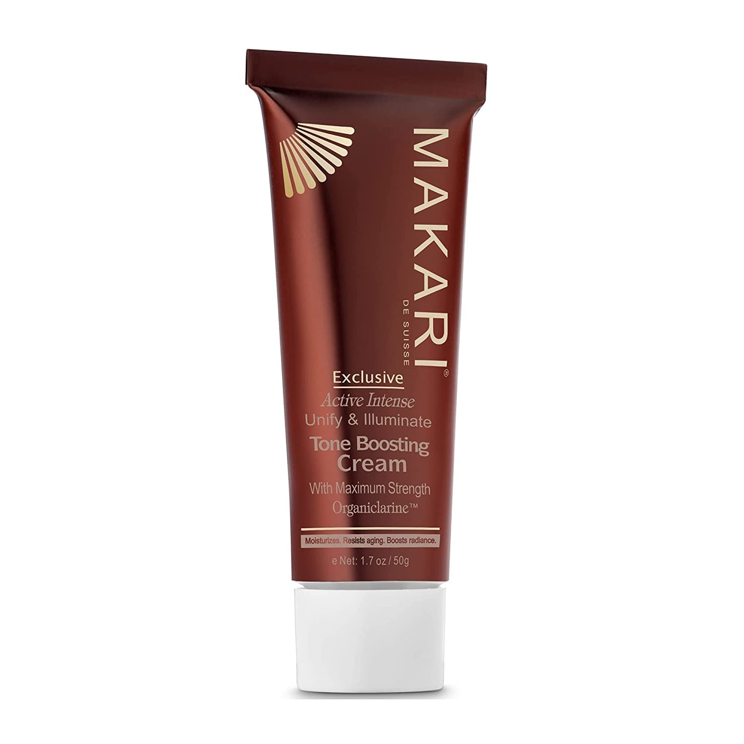 MAKARI Exclusive Active Intense Tone-Boosting Face Cream jar highlights radiant skin tone benefits.