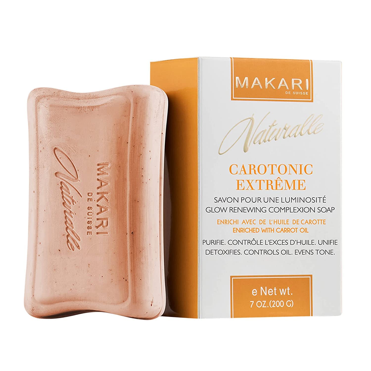 Makari Naturalle Carotonic cleansing bar closeup shows smooth texture for gentle cleansing.