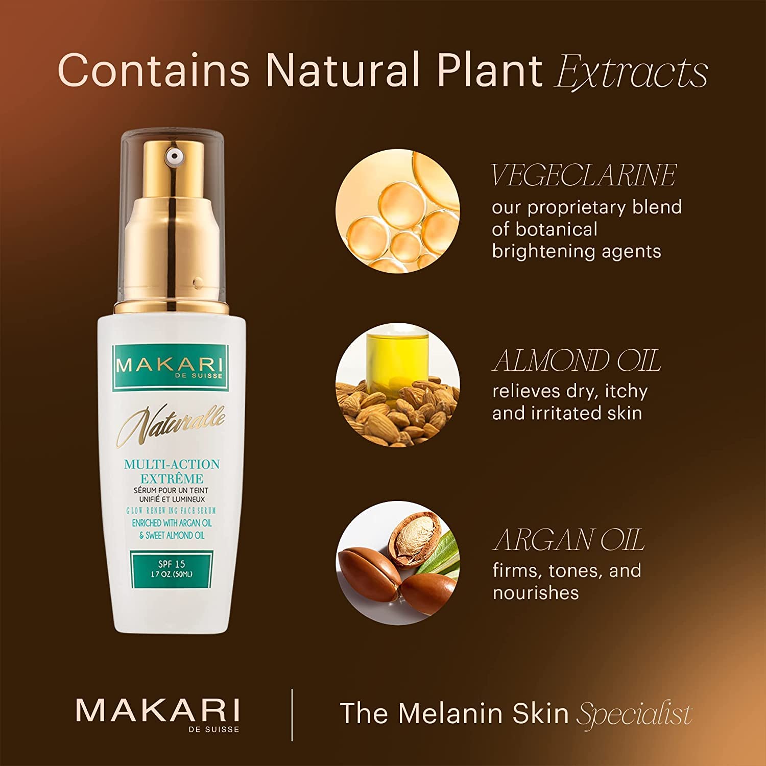Makari Naturalle serum ingredients highlight argan oil for nourishment.