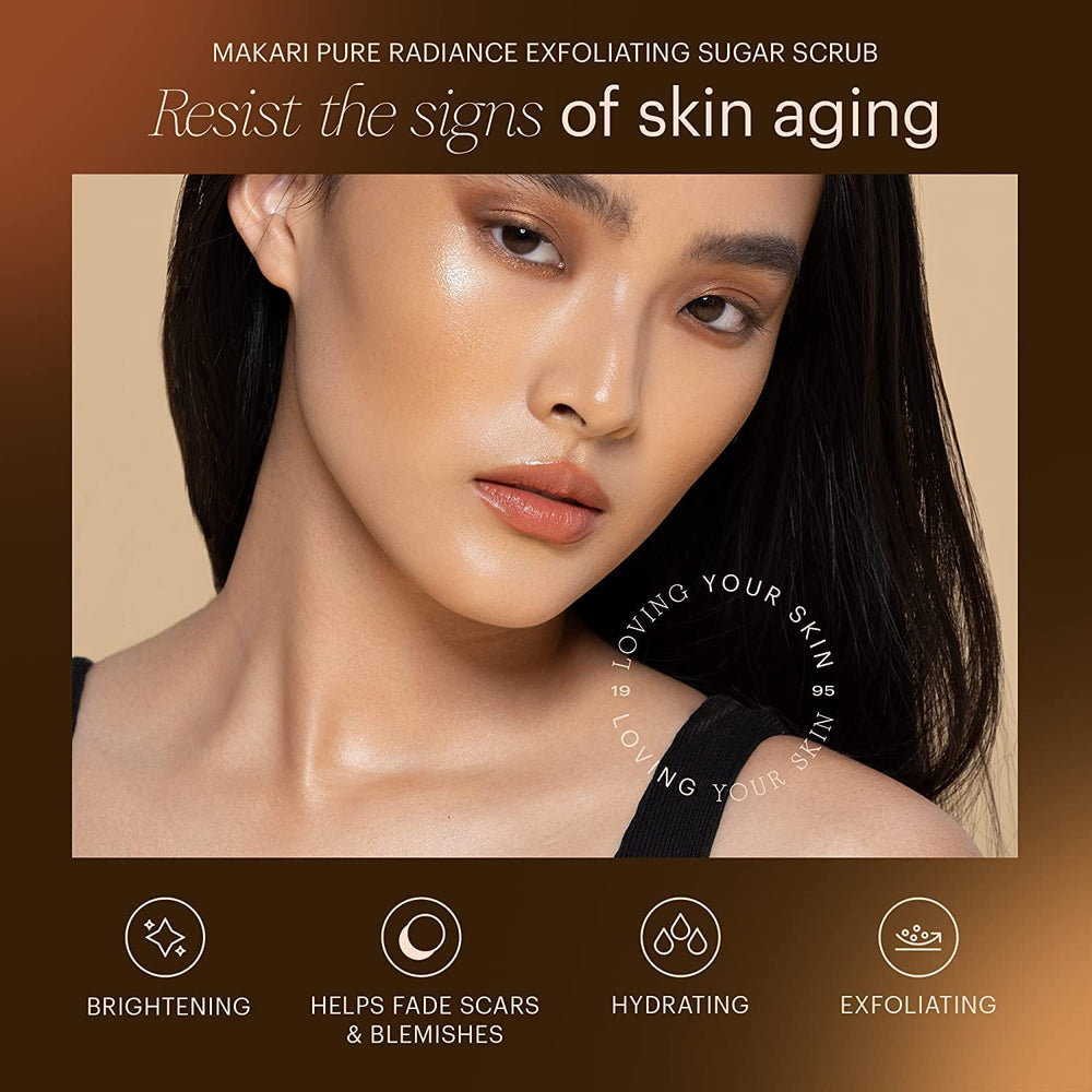 Makari Pure Radiance Scrub application on face and body for smoother skin.