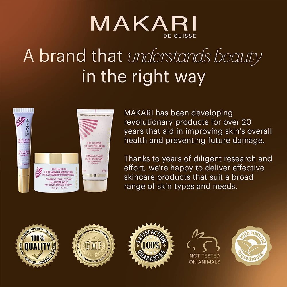 Makari Pure Radiance Scrub natural strawberry and pomegranate seeds in action.