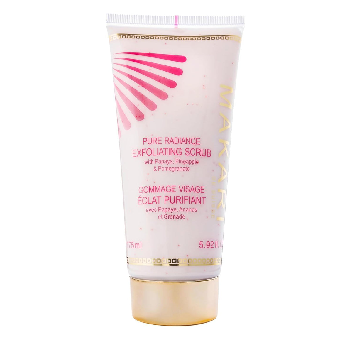 Makari Pure Radiance Scrub packaging close-up highlighting premium texture.