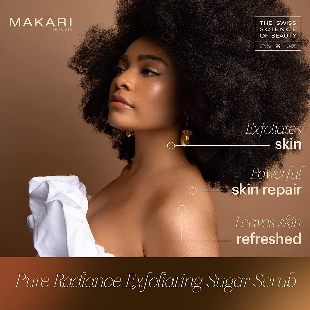 Makari Pure Radiance Scrub texture close-up showing gentle exfoliation.