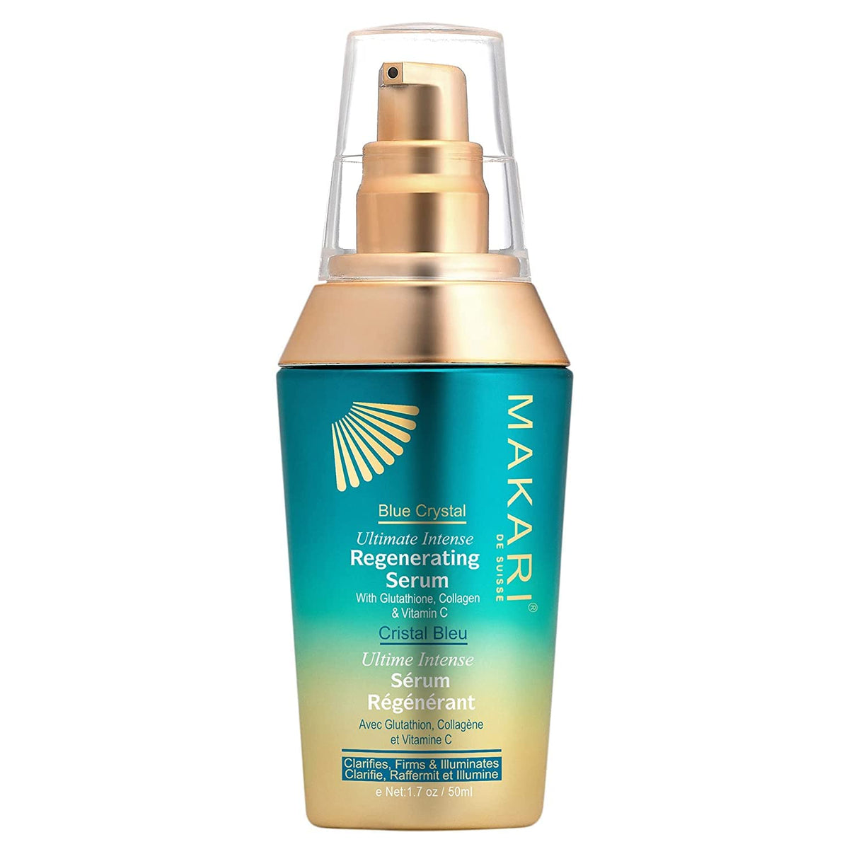 Makari Ultimate Blue Crystal Serum bottle on white surface for radiant skin