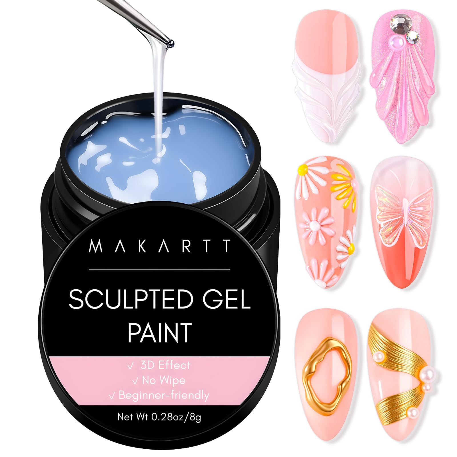 Makartt 3D gel nail art clear bottle shows the transparent formula for versatile designs.