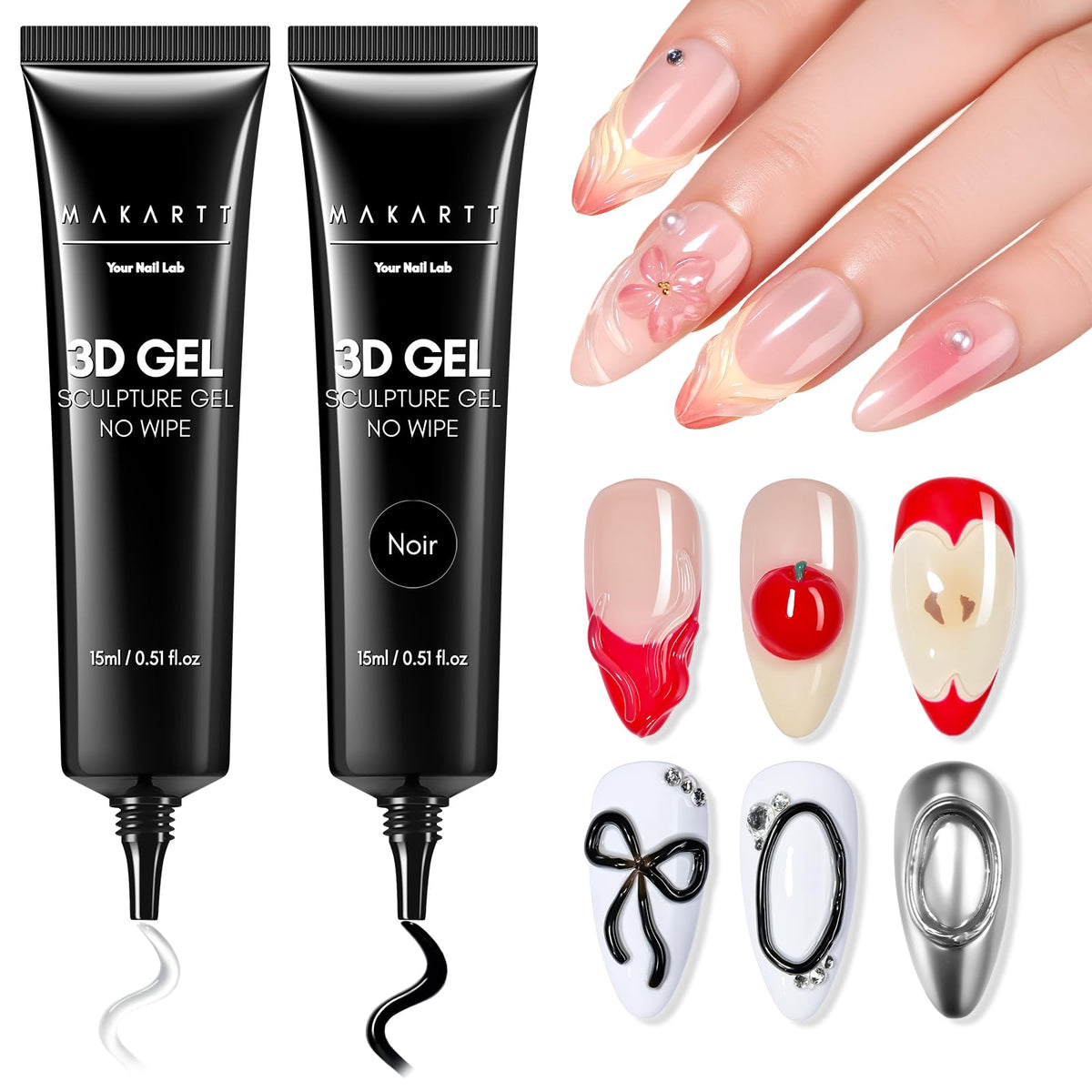Makartt 3D gel in clear bottle for embossed nail designs on natural and acrylic nails.