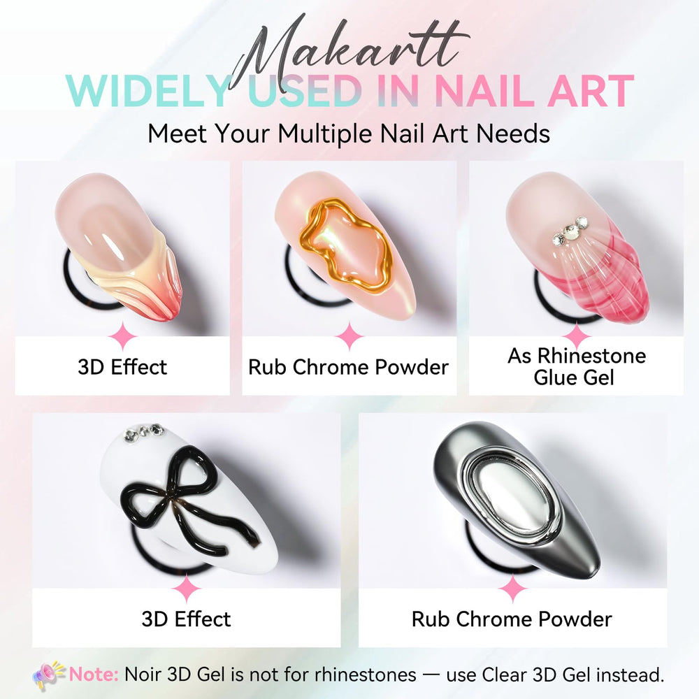 Makartt noir black 3D gel adds bold depth for dramatic sculpted nails.
