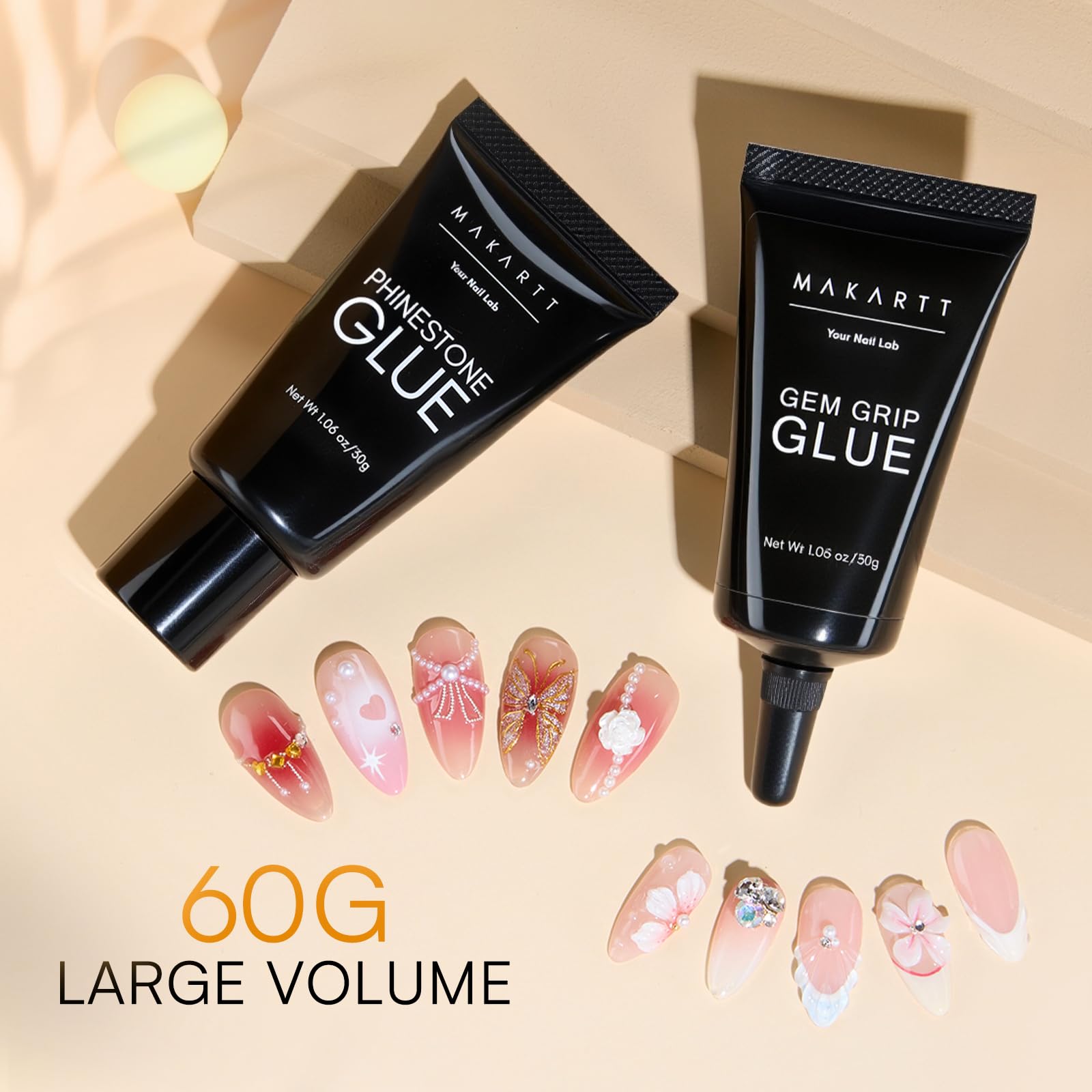Makartt 3D nail art decorations attached with glue for lasting embellishments.