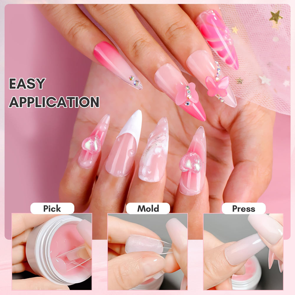 Lightweight, flexible gel builds that feel weightless on natural nails.