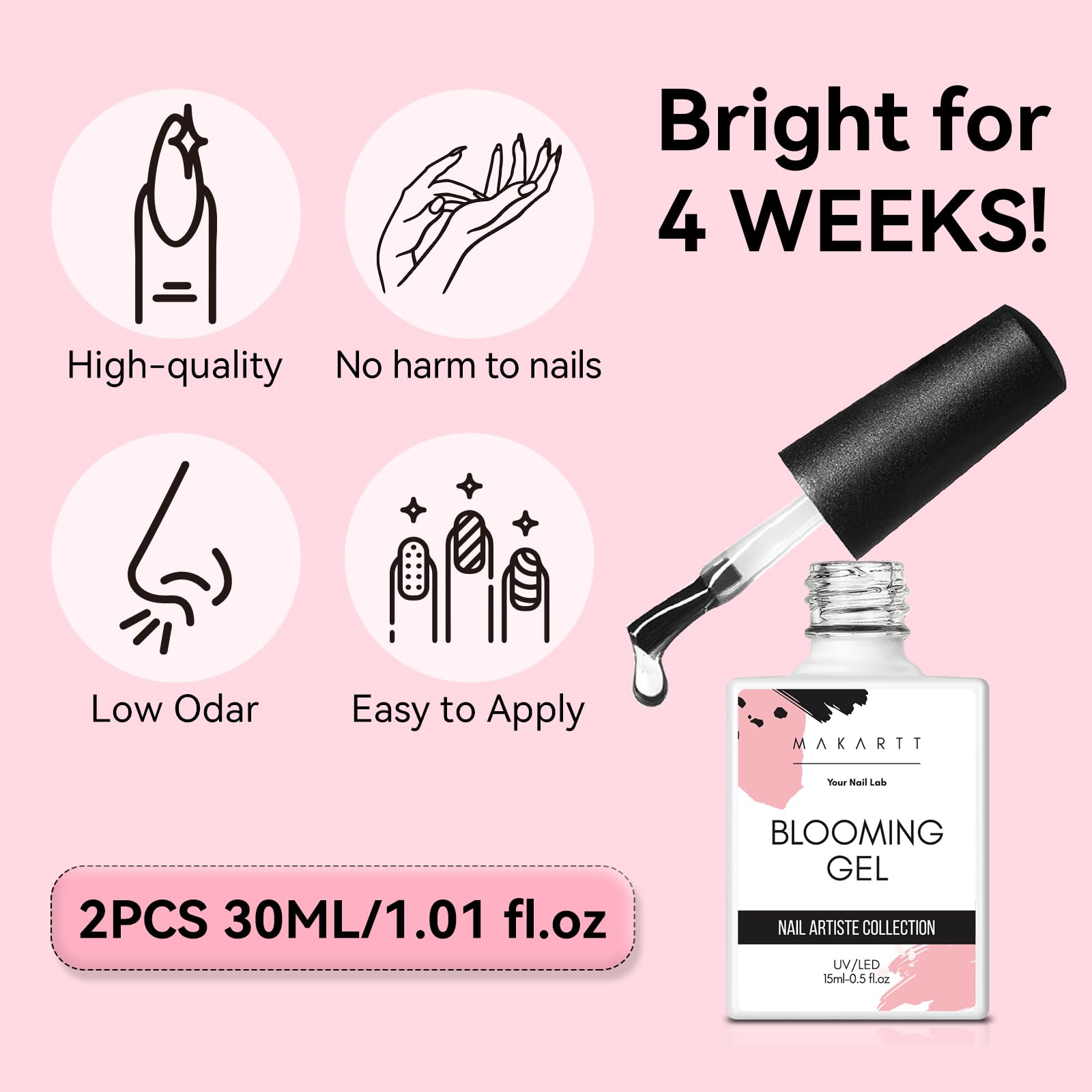Makartt blooming gel compatible with UV gel systems for versatility.