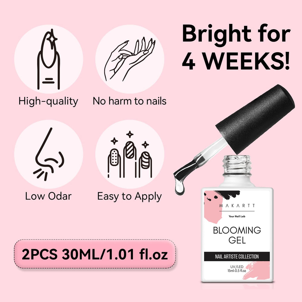 Makartt blooming gel compatible with UV gel systems for versatility.