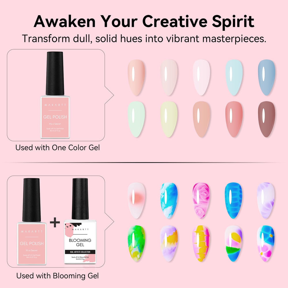 Makartt Blooming Gel-Clear 2 Pcs with watercolor swirl nails for soft gradients.