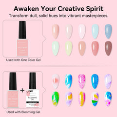 Makartt Blooming Gel-Clear 2 Pcs with watercolor swirl nails for soft gradients.