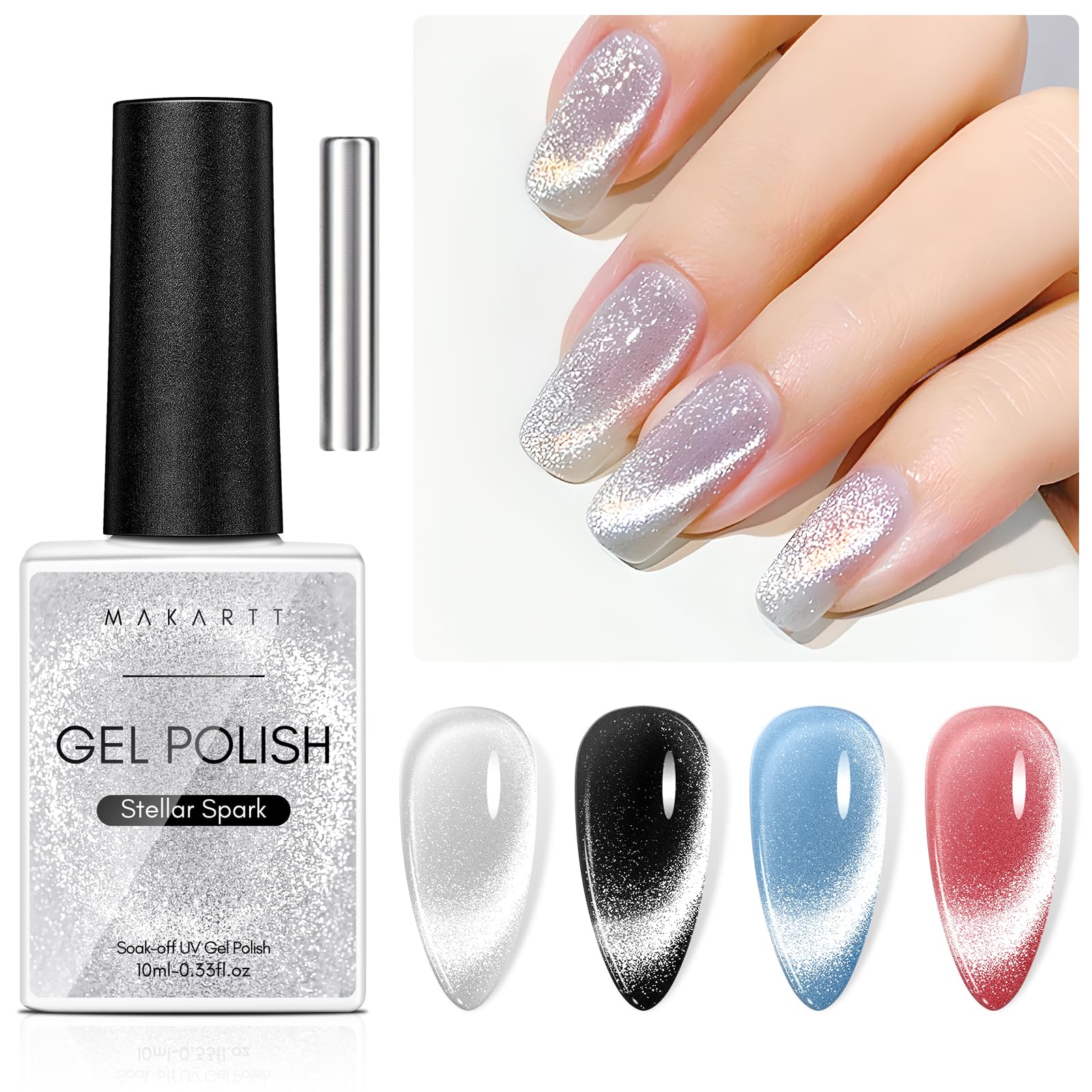 Makartt cat eye magnet silver gel polish displaying shifting holographic effect for at-home nail art