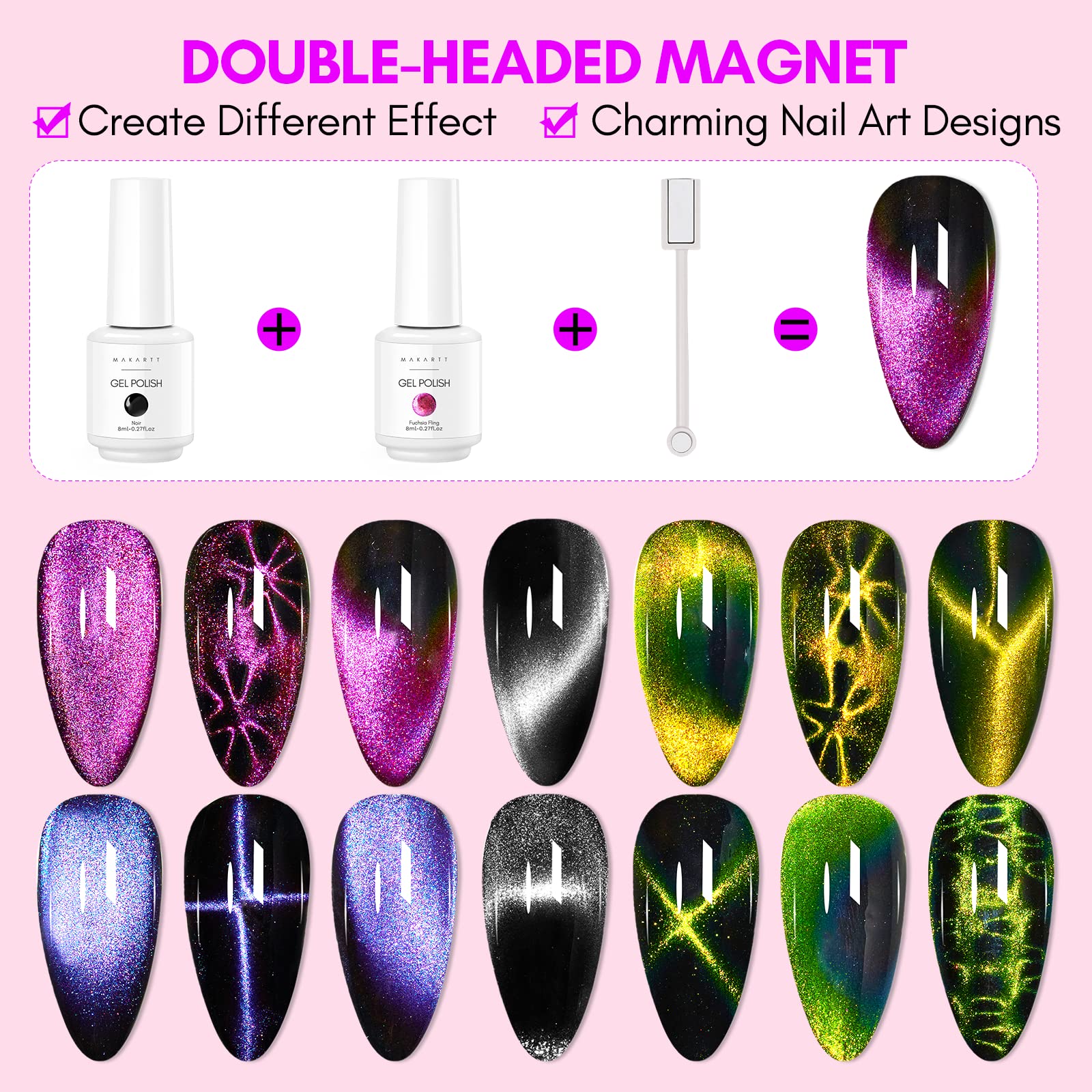 Makartt cat eye purple gel polish creates glossy depth with magnetic pull.