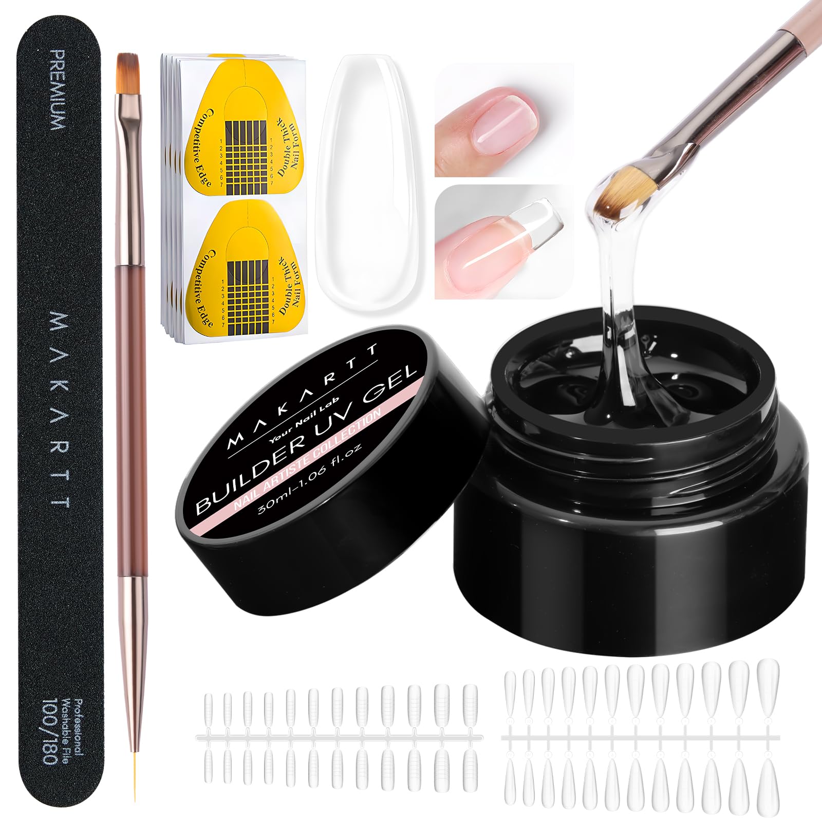 Makartt clear gel builder kit demonstrates self-leveling nails for durable extensions.
