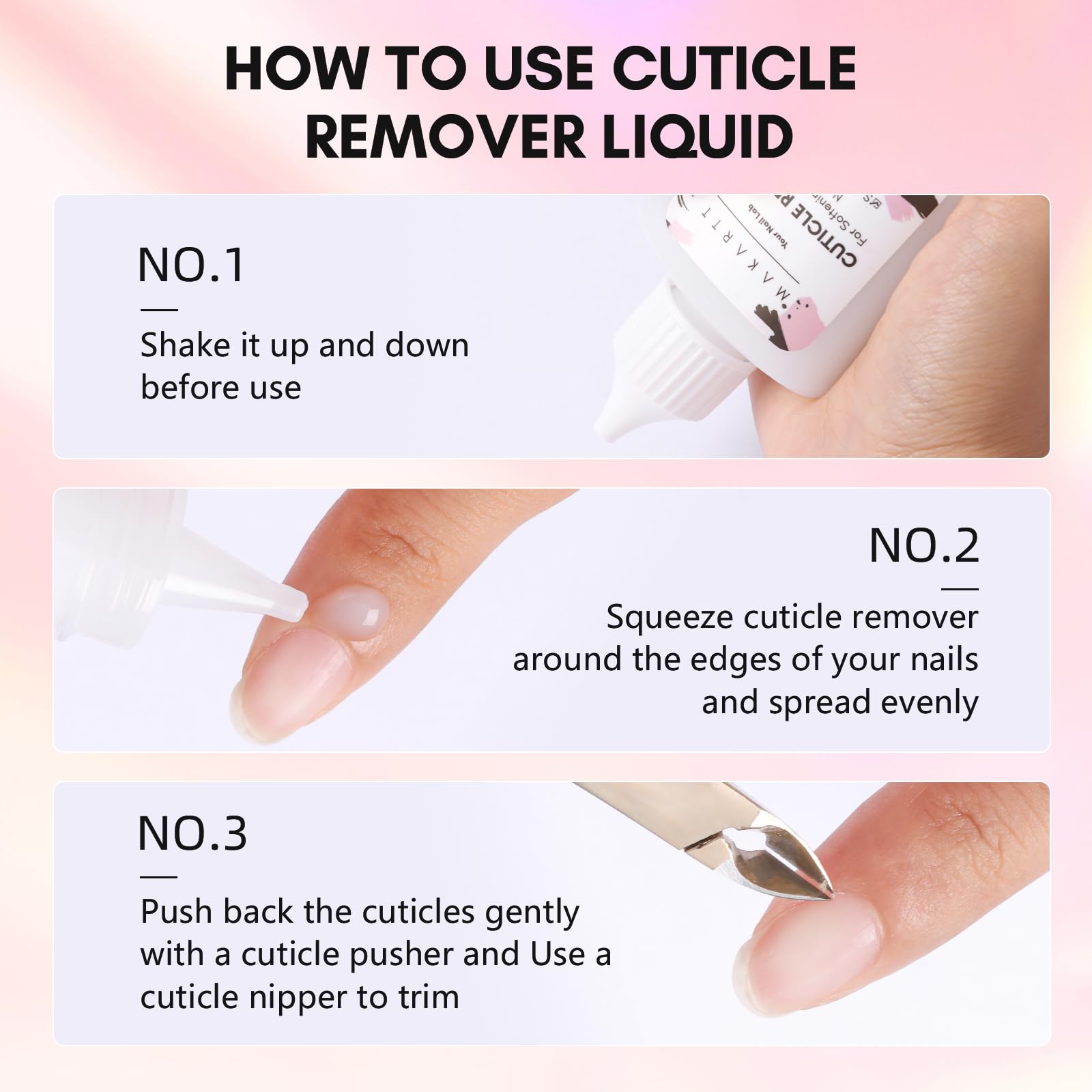 Makartt Cuticle Remover Liquid nourishes and protects nail edges.