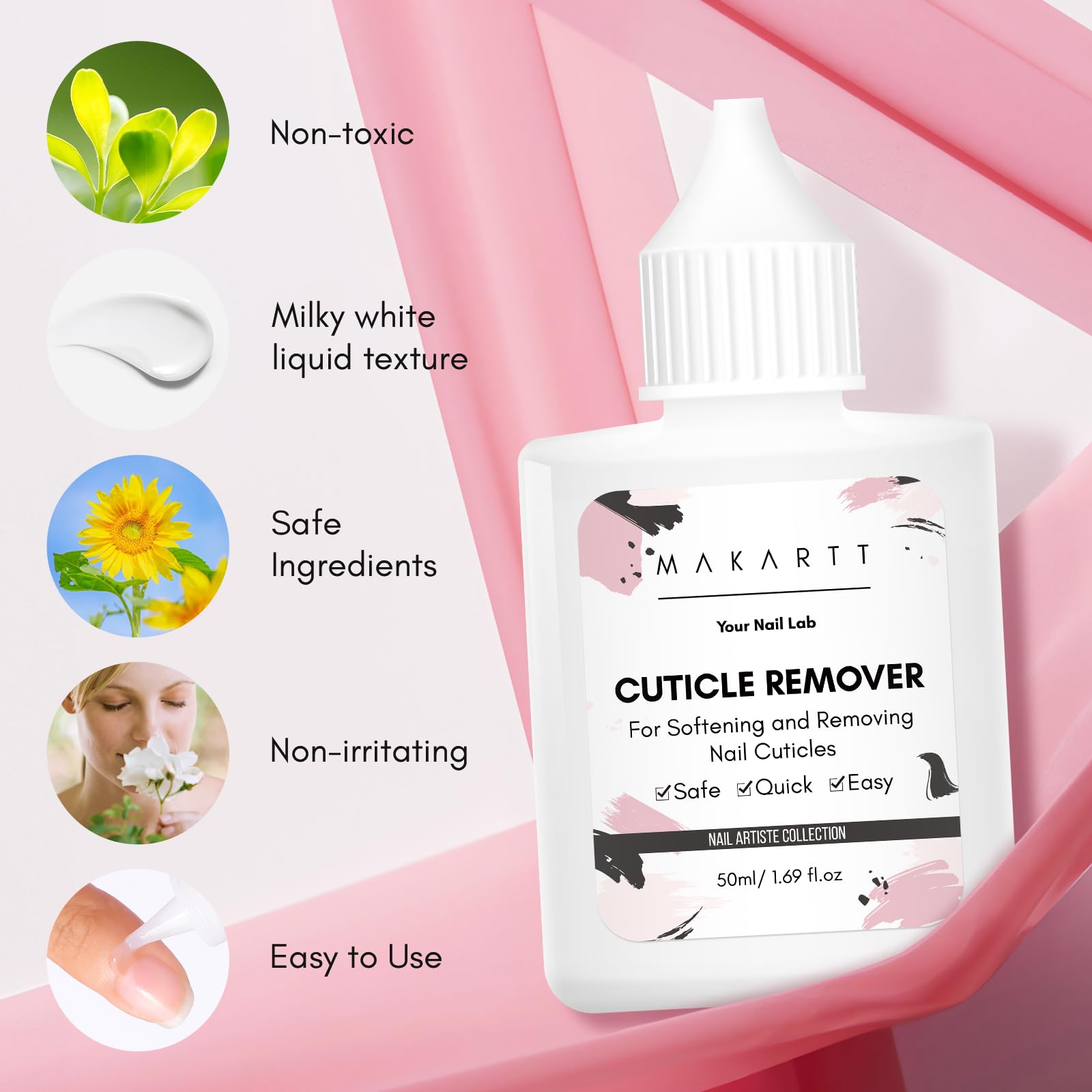 Makartt Cuticle Remover Liquid quick-softening in 15–30 seconds.